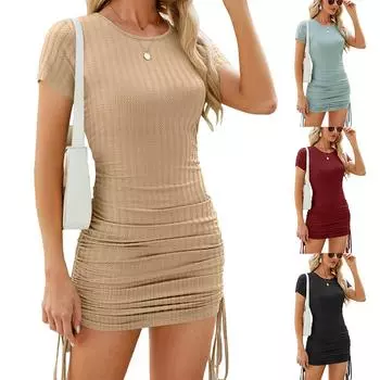 Летние платья 2024 для женщин, однотонное повседневное тонкое платье с круглым вырезом и коротким рукавом