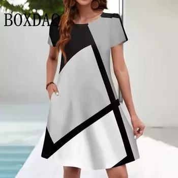 Летние платья 3D-принт для женской одежды, сарафан с короткими рукавами и геометрическим узором, свободные карманы, повседневное платье А-силуэта S