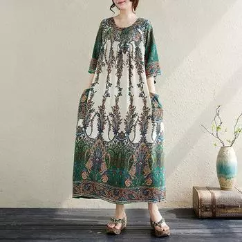 Летние платья больших размеров с коротким рукавом и длинными рукавами, художественное платье с круглым вырезом и свободным цветным узором для женщин one size