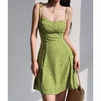 Летние платья-бретельки с цветочным принтом, корейские винтажные повседневные тонкие женские трапециевидные зеленые пляжные платья для отпуска, женские S красный