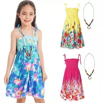 Летние платья для девочек в стиле бохо с открытыми плечами, цветочное пляжное платье без рукавов с ожерельем 8-10 Years