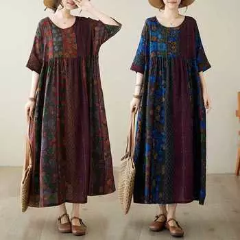 Летние платья для матерей среднего и пожилого возраста в этническом стиле с круглым вырезом, короткими рукавами, свободные и тонкие с принтом one size красный