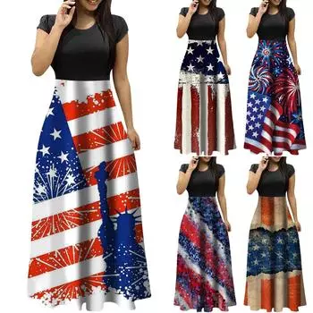 Летние платья для женщин 2023, модные повседневные платья макси большого размера с цветочным принтом и круглым вырезом, с короткими рукавами XL синий