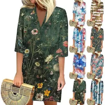 Летние платья для женщин 2024 Модное повседневное свободное платье с V-образным вырезом и рукавами 3/4 с принтом L