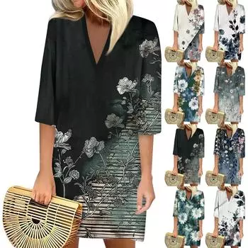 Летние платья для женщин 2024 Модное повседневное свободное платье с V-образным вырезом и рукавами 3/4 с принтом L бежевый