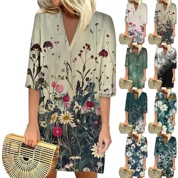 Летние платья для женщин 2024 Модное повседневное свободное платье с V-образным вырезом и рукавами 3/4 с принтом L