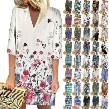 Летние платья для женщин 2024 Модное повседневное свободное платье с V-образным вырезом и рукавами 3/4 с принтом L чёрный