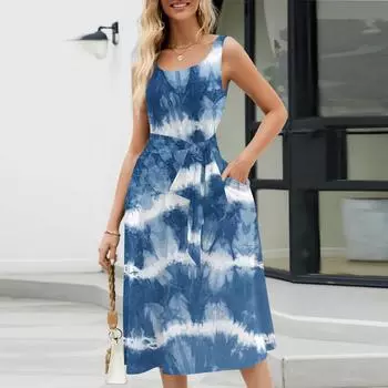 Летние платья для женщин 2024, пляжные свободные с круглым вырезом, без рукавов, миди-трапеции, распашное платье, сарафаны с карманами XL синий