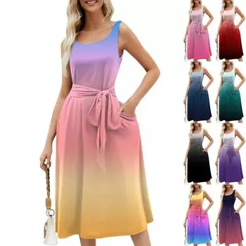 Летние платья для женщин 2024, пляжные свободные с круглым вырезом, без рукавов, миди-трапеции, распашное платье, сарафаны с карманами L чёрный