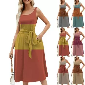 Летние платья для женщин 2024, пляжные свободные с круглым вырезом, без рукавов, миди-трапеции, распашное платье, сарафаны с карманами L коричневый