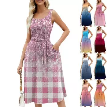Летние платья для женщин 2024, пляжные свободные с круглым вырезом, без рукавов, миди-трапеции, распашное платье, сарафаны с карманами L