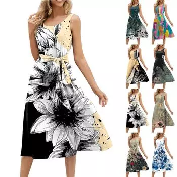 Летние платья для женщин 2024, пляжные свободные с круглым вырезом, без рукавов, миди-трапеции, распашное платье, сарафаны с карманами M