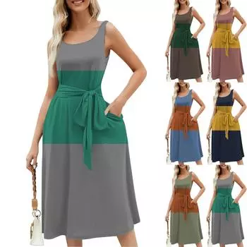 Летние платья для женщин 2024, пляжные свободные с круглым вырезом, без рукавов, миди-трапеции, распашное платье, сарафаны с карманами L синий