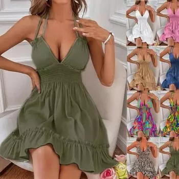 Летние платья для женщин Модное однотонное платье в стиле бохо с V-образным вырезом без рукавов сарафан с открытой спиной и оборками Праздничные пляжные платья L