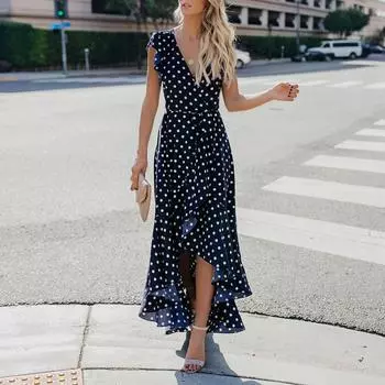 Летние платья для женщин, модное платье с v-образным вырезом и талией в горошек, с рюшами по подолу S тёмно-синий