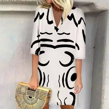 Летние платья для женщин, модное повседневное свободное платье с V-образным вырезом и рукавами 3/4 с принтом S бежевый