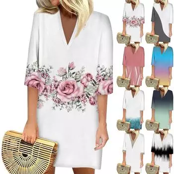 Летние платья для женщин, модное повседневное свободное платье с V-образным вырезом и рукавами 3/4 с принтом L