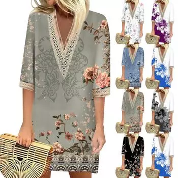 Летние платья для женщин, модное повседневное свободное кружевное платье с V-образным вырезом и рукавами 3/4 с принтом L синий