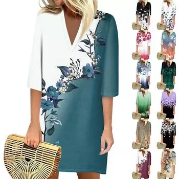 Летние платья для женщин, модное повседневное свободное платье с V-образным вырезом и рукавами 3/4 с принтом L чёрный