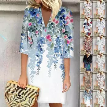 Летние платья для женщин, модное повседневное свободное платье с V-образным вырезом и рукавами 3/4 с принтом L бежевый