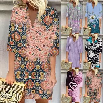 Летние платья для женщин, модное повседневное свободное платье с V-образным вырезом и рукавами 3/4 с принтом L синий