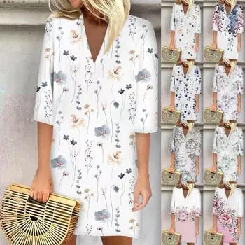 Летние платья для женщин, модное повседневное свободное платье с V-образным вырезом и рукавами 3/4 с принтом L