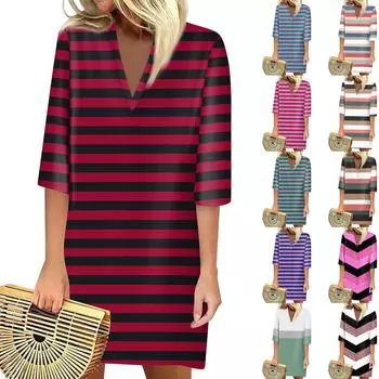 Летние платья для женщин, модное повседневное свободное платье с V-образным вырезом и рукавами 3/4 с принтом L