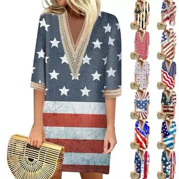 Летние платья для женщин, модное повседневное свободное платье с принтом на День независимости и V-образным вырезом с рукавами 3/4 L синий