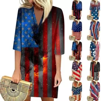 Летние платья для женщин, модное повседневное свободное платье с V-образным вырезом и рукавами 3/4 с принтом ко Дню независимости L синий