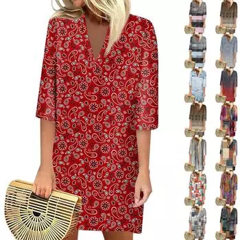 Летние платья для женщин, модное повседневное свободное платье с V-образным вырезом и рукавами 3/4 с принтом L синий