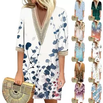 Летние платья для женщин, модное повседневное свободное кружевное платье с V-образным вырезом и рукавами 3/4 с принтом L синий