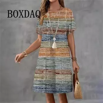Летние платья для женщин, модные платья с коротким рукавом в полоску с 3D-принтом, повседневные пуловеры с круглым вырезом, женские свободные элегантные платья S