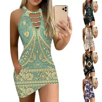 Летние платья для женщин, облегающее платье, модное платье с принтом и круглым вырезом, карман на бретельках XL синий