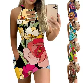 Летние платья для женщин, облегающее платье, модное платье с принтом и круглым вырезом, карман на бретельках XXL коричневый