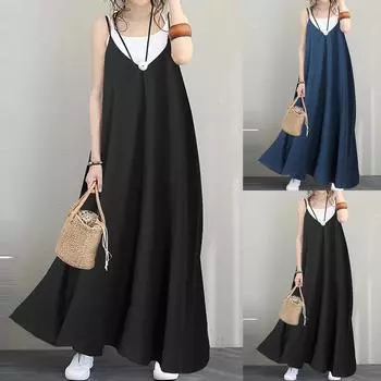 Летние платья для женщин, однотонное платье без рукавов с V-образным вырезом, свободные платья XXL чёрный