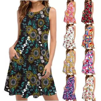 Летние платья для женщин. Пляжная футболка с цветочным принтом. Сарафан. Повседневное платье-майка в стиле бохо с карманами. XL арбуз красный