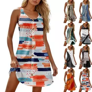 Летние платья для женщин Пляжные бохо без рукавов с принтом Футболки-майки Сарафаны L