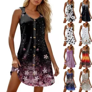 Летние платья для женщин Пляжные бохо без рукавов с принтом Футболки-майки Сарафаны L чёрный