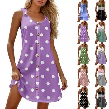 Летние платья для женщин Пляжные бохо без рукавов с принтом Футболки-майки Сарафаны L армия зеленый