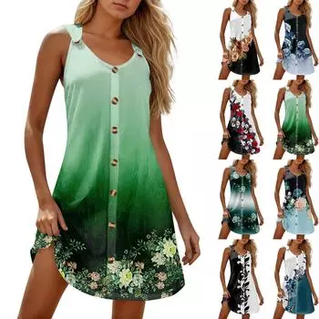 Летние платья для женщин Пляжные бохо без рукавов с принтом Футболки-майки Сарафаны L чёрный