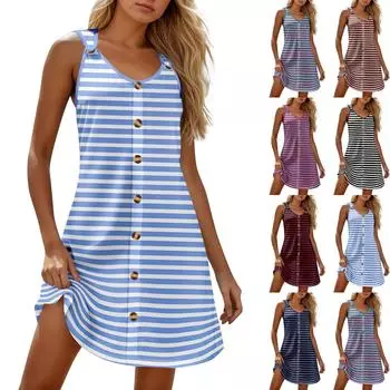 Летние платья для женщин Пляжные бохо без рукавов с принтом Футболки-майки Сарафаны L чёрный