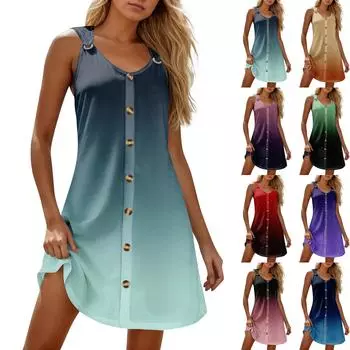 Летние платья для женщин Пляжные бохо без рукавов с принтом Футболки-майки Сарафаны L темно-зеленого