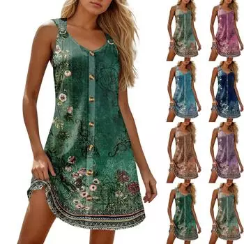 Летние платья для женщин Пляжные бохо без рукавов с принтом Футболки-майки Сарафаны XXXL зелёный