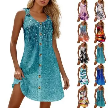 Летние платья для женщин Пляжные бохо без рукавов с принтом Футболки-майки Сарафаны L жёлтый