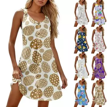 Летние платья для женщин Пляжные бохо без рукавов с принтом Футболки-майки Сарафаны XXL синий