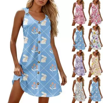 Летние платья для женщин Пляжные бохо без рукавов с принтом Футболки-майки Сарафаны M жёлтый