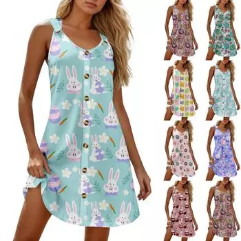 Летние платья для женщин Пляжные бохо без рукавов с принтом Футболки-майки Сарафаны S винный