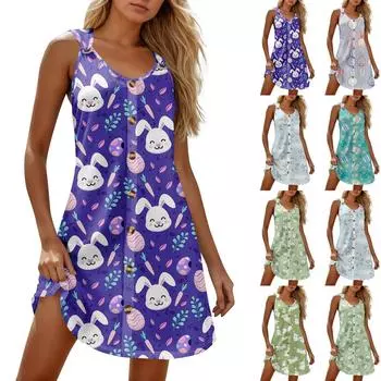 Летние платья для женщин Пляжные бохо без рукавов с принтом Футболки-майки Сарафаны XXXL