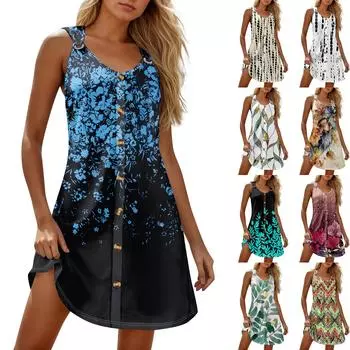 Летние платья для женщин Пляжные бохо без рукавов с принтом Футболки-майки Сарафаны S бежевый