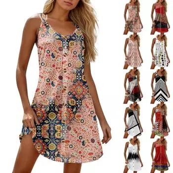 Летние платья для женщин Пляжные бохо без рукавов с принтом Футболки-майки Сарафаны L